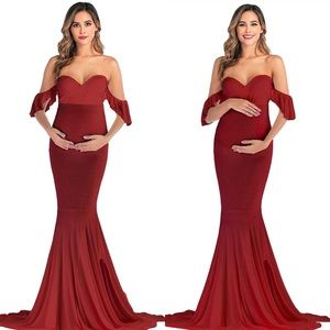 Maternity Off Shoulder Ruffle Sleeves Fitted Gown